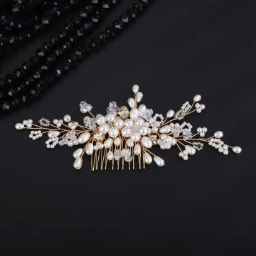 Accesoriu par auriu, stil pieptene, cu perle, cristale si margele, Brooklyn Gold