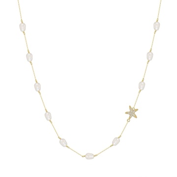 Colier din argint placat cu aur, cu perle de cultura si steluta de mare, Gold Starfish