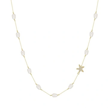 Colier din argint placat cu aur, cu perle de cultura si steluta de mare, Gold Starfish