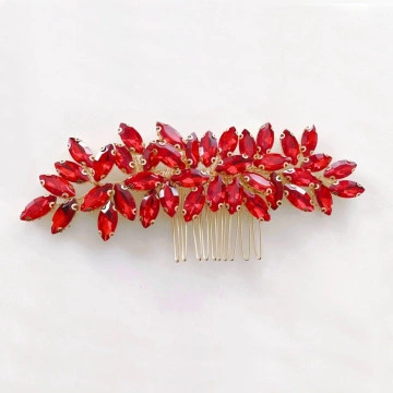 Gold comb style hair accessory with red stones, Red Passion