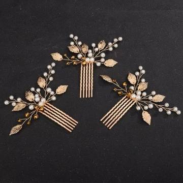 Set accesorii de par aurii, cu perle si frunze, Georgia