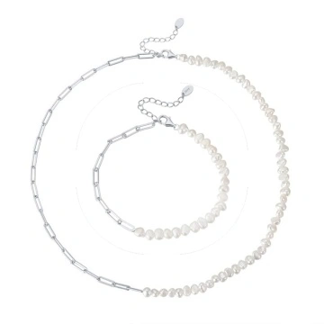 Set colier si bratara din argint cu perle de cultura baroque, Chain Pearls
