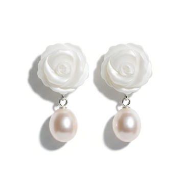 Silver earrings with cultured pearls and shell flower, Erin Flower