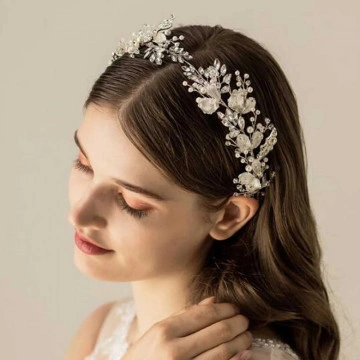 Silver hair accessory with leaves and stones, Harper