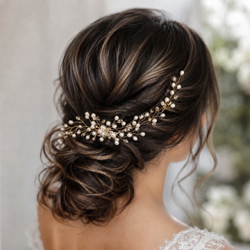 Accesoriu par mireasa auriu, stil pieptene, cu perle si margele, Alison Gold