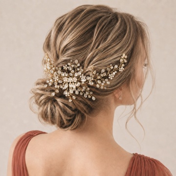 Accesoriu par mireasa auriu, stil pieptene, cu pietre si margele, Linda Gold