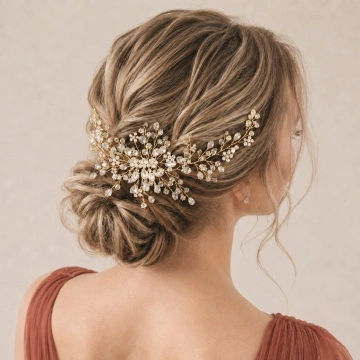 Accesoriu par mireasa auriu, stil pieptene, cu pietre si margele, Linda Gold