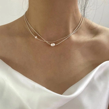 Double silver chain with natural cultured pearls, Eva