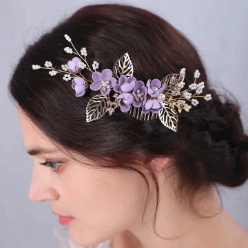 Golden comb-style hair accessory with purple flowers and leaves, Blooming Bouquet