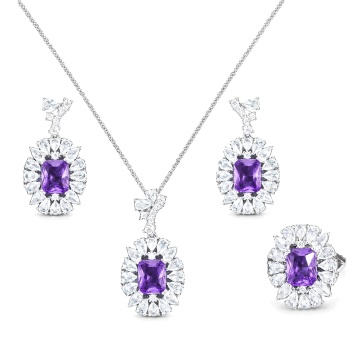 Set colier, cercei si inel cu pietre din zirconiu mov, Purple Ocean