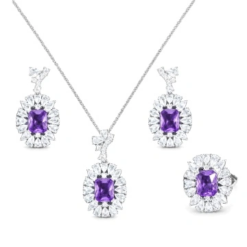 Set colier, cercei si inel cu pietre din zirconiu mov, Purple Ocean