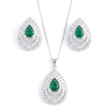 Set colier si cercei cu pietre din zirconiu verzi, Green Tears