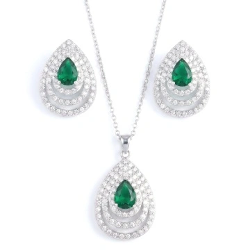 Set colier si cercei cu pietre din zirconiu verzi, Green Tears