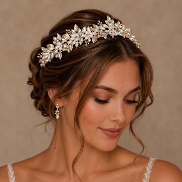 Accesoriu par auriu, cu frunze, cristale si perle, Elis