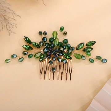 Gold comb style hair accessory with beads and green crystals, Mystery Green