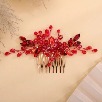 Gold comb style hair accessory with beads and red crystals, Mystery Red