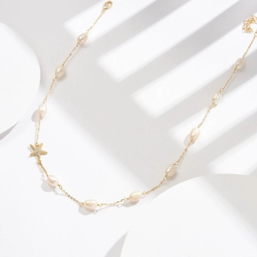 Colier argint placat cu aur 14K cu perle de cultura si stea de mare