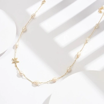 Colier argint placat cu aur 14K cu perle de cultura si stea de mare