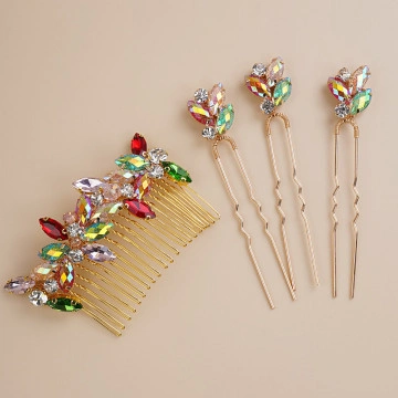 Hair accessory set comb style and gold hair clips with coloured stones