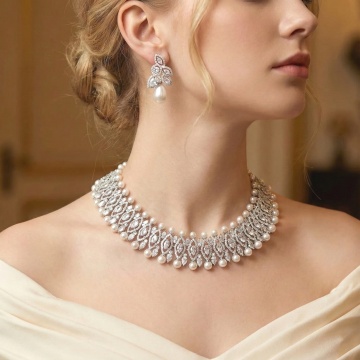 Set colier si cercei cu pietre de zirconiu si perle, Beverly Pearls