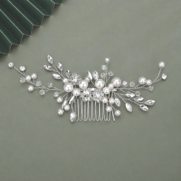 Silver bridal hair accessory, comb style, with pearls, crystals and beads, Juliet