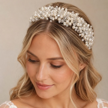 Silver bridal tiara, bridal headband style, with pearls and beads, Sandy