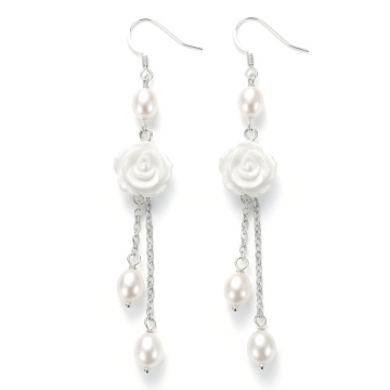 Silver earrings with cultured pearls and shell flower, Erin Long Flower