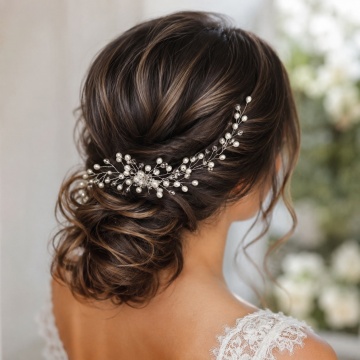 Accesoriu par mireasa argintiu, stil pieptene, cu perle si margele, Alison