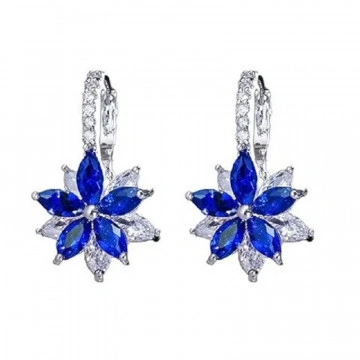 Silver hoop earrings with blue zirconia stones, Blue Flower