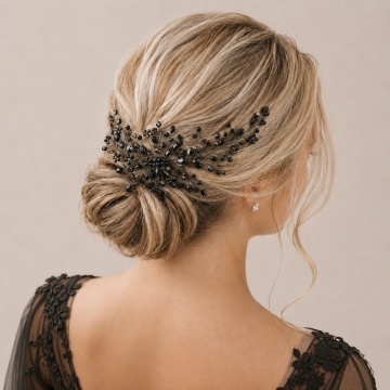Accesoriu par mireasa stil pieptene, cu pietre si margele negre, Linda Black