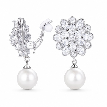 Cercei cu clips, cu pietre din zirconiu si perle, Ariel Pearls Clip-on