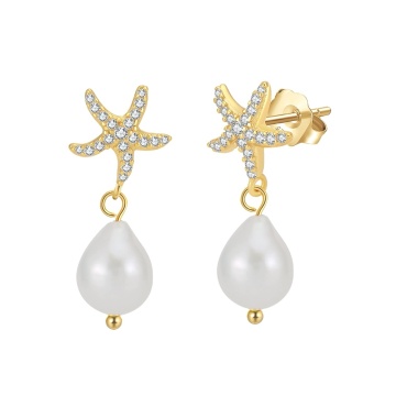 Cercei din argint placat cu aur, cu perle de cultura si stelute de mare, Gold Starfish