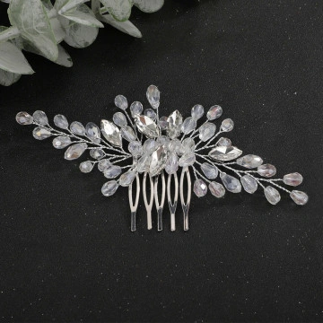 Silver hair accessory, comb style, with stones and beads, Alora