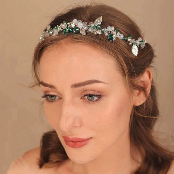 Accesoriu par argintiu, cu frunze si cristale verzi, Green Haven