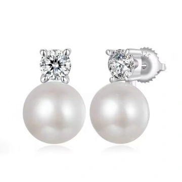 Cercei din argint, cu pietre moissanite de 0.5CT si perle de cultura, Pure Harmony