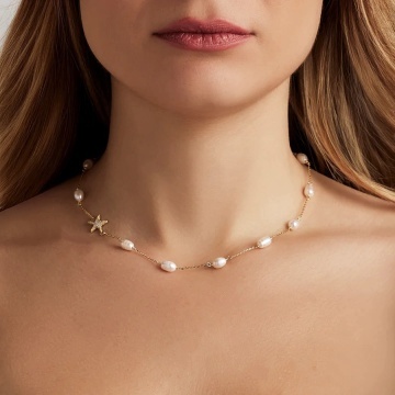 Colier argint placat cu aur 14K cu perle de cultura si stea de mare
