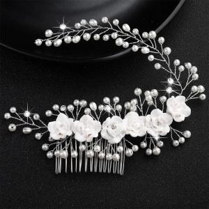 Silver bridal hair accessory, comb style, with white flowers and pearls, Sara