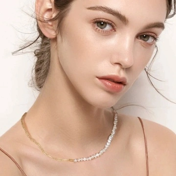 Set colier si bratara paperclip cu perle baroc