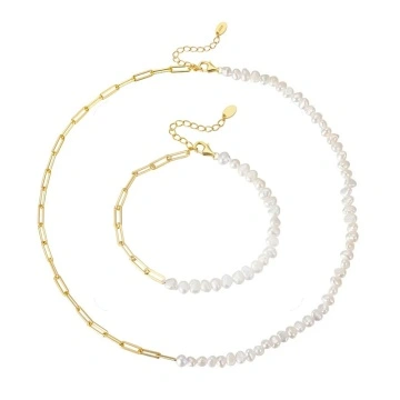 Set colier si bratara din argint placat cu aur, cu perle de cultura baroque, Chain Pearls Gold