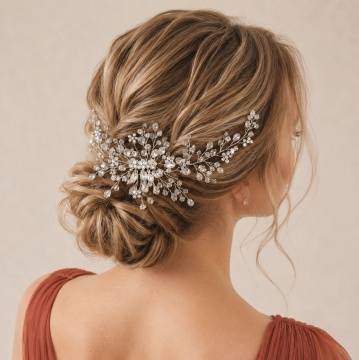 Accesoriu par mireasa argintiu, stil pieptene, cu pietre si margele, Linda
