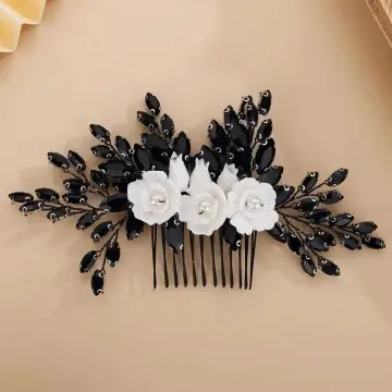Accesoriu par negru, stil pieptene, cu flori si cristale negre, Dramatic Princess