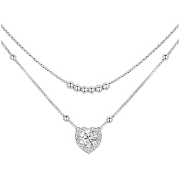 Colier dublu din argint cu piatra moissanite de 1CT, Diamond Heart
