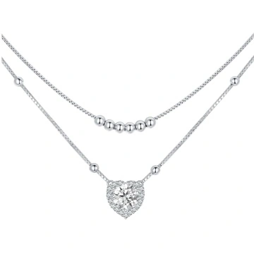 Colier dublu din argint cu piatra moissanite de 1CT, Diamond Heart