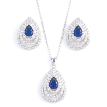 Set colier si cercei cu pietre din zirconiu albastre, Blue Tears