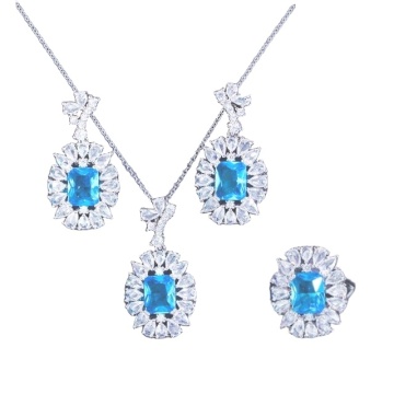 Set of necklace, earrings and ring with zircon stones, Royal Blue