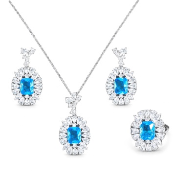 Set of necklace, earrings and ring with zircon stones, Royal Blue