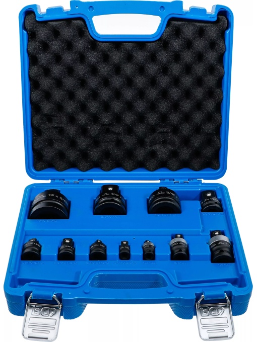 Set adaptoare de impact 1/4''-3/8'', 3/8''-1/2'', 1/2''-3/4'', 3/4''-1" + 3 articulatii cardanice de impact 1/4'', 3/8'', 1/2'', 11 piese, BGS 25140