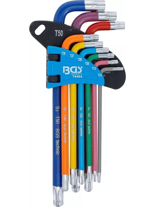 Set chei tip L multicoloră profil T (pentru Torx) cu gaură şi cap sferic T10 - T50 9 piese, BGS 74464