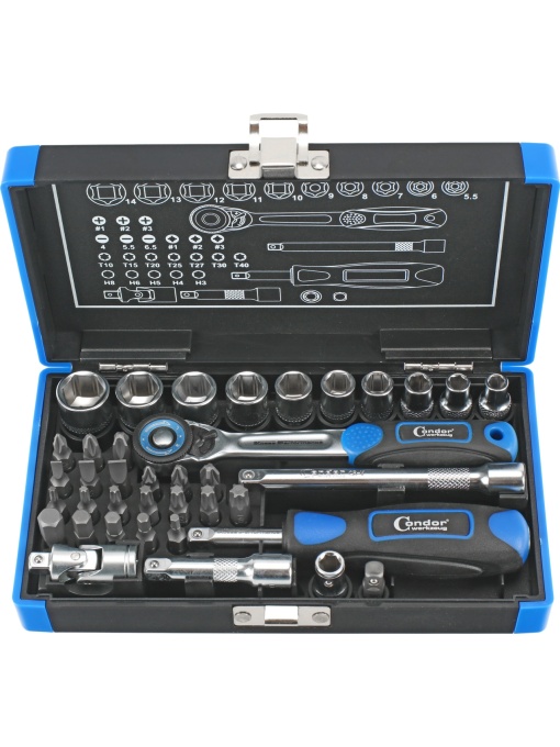 Set chei tubulare cu profil hexagon 5,5 - 14 mm + biti 1/4" si accesorii, antrenare 1/4'', 38 piese, Condor 1138