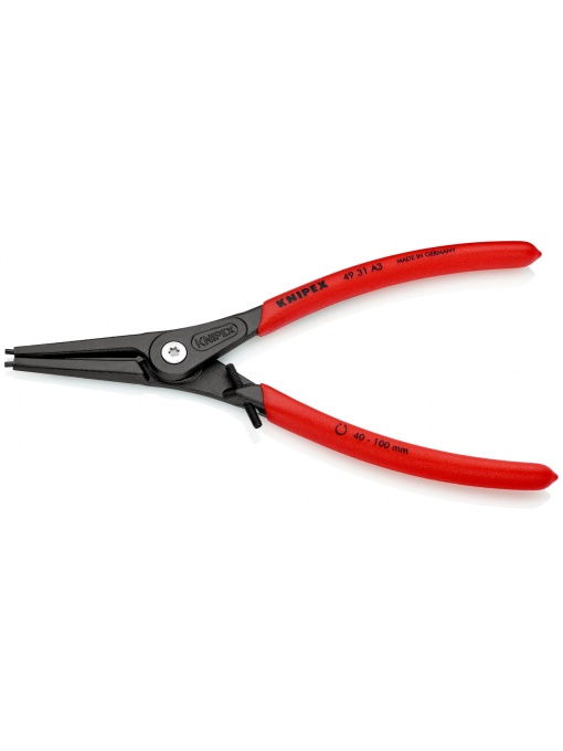 Cleste pentru inele de siguranta de exterior Ø 40 – 100 mm cu protecţie la supraintindere, lungime 225 mm, Knipex 4931A3